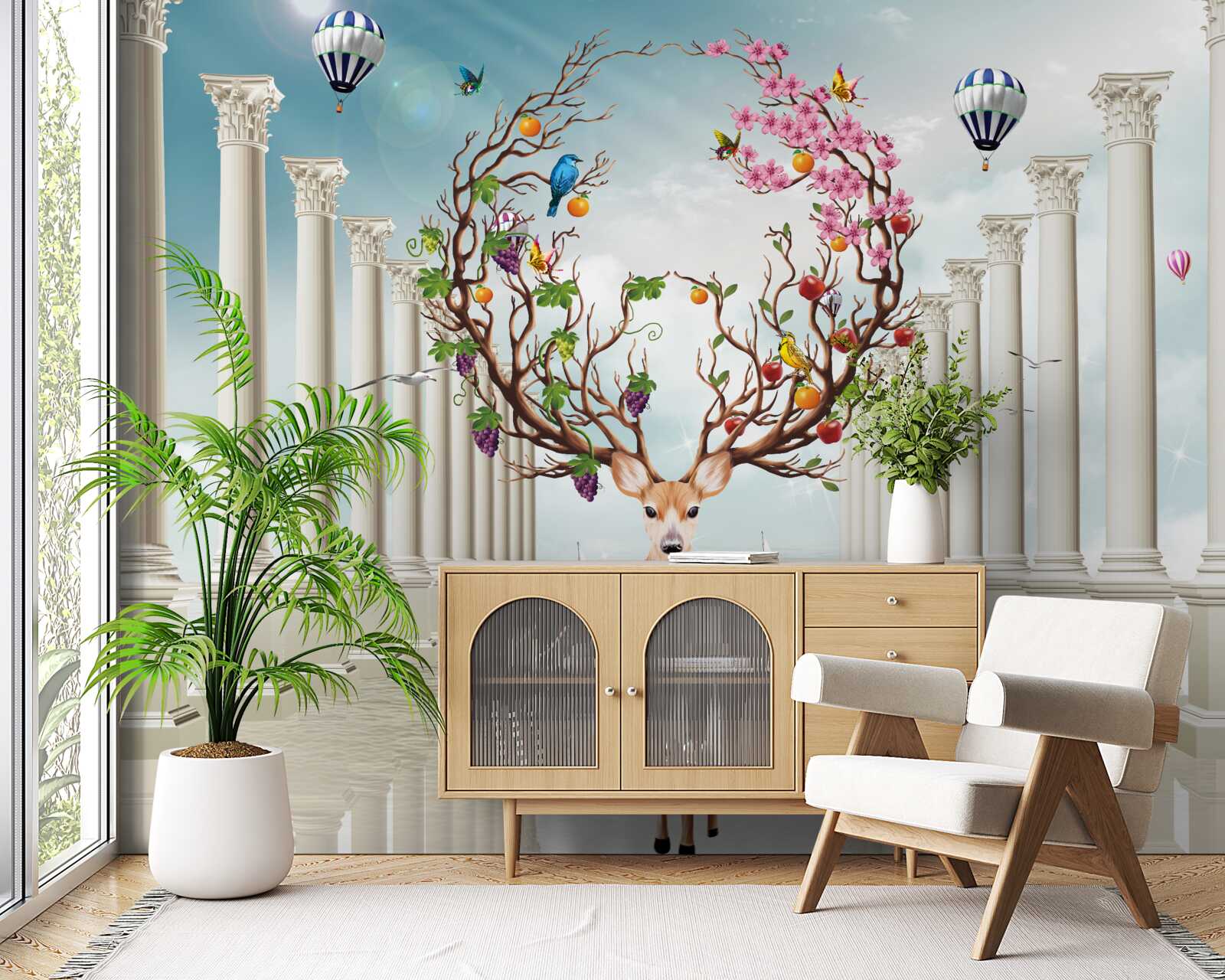 Fototapeta Śnieżnobiała kolumnada i jeleń z niezwykłym, abstrakcyjnym rogiem