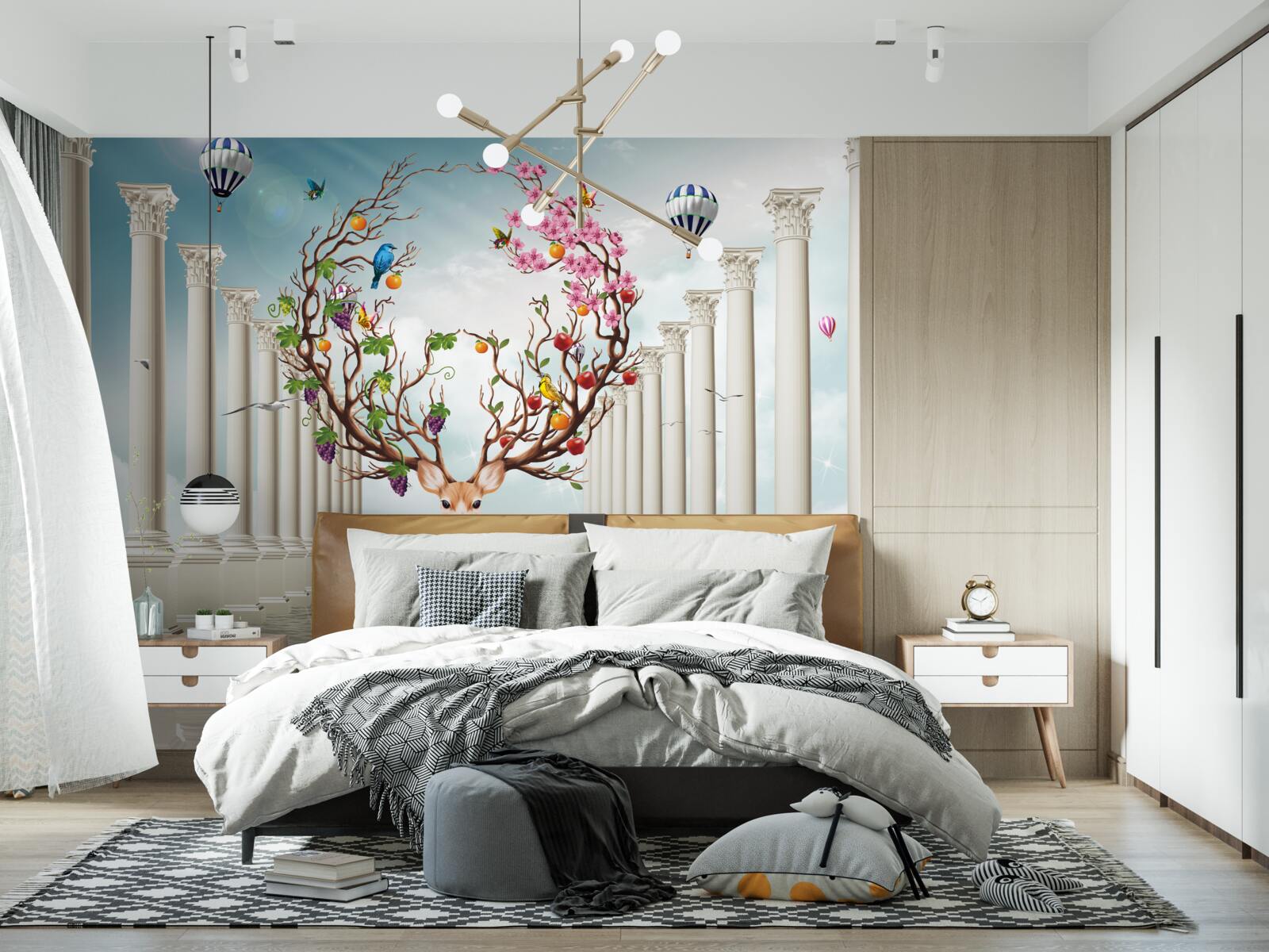 Fototapeta Śnieżnobiała kolumnada i jeleń z niezwykłym, abstrakcyjnym rogiem