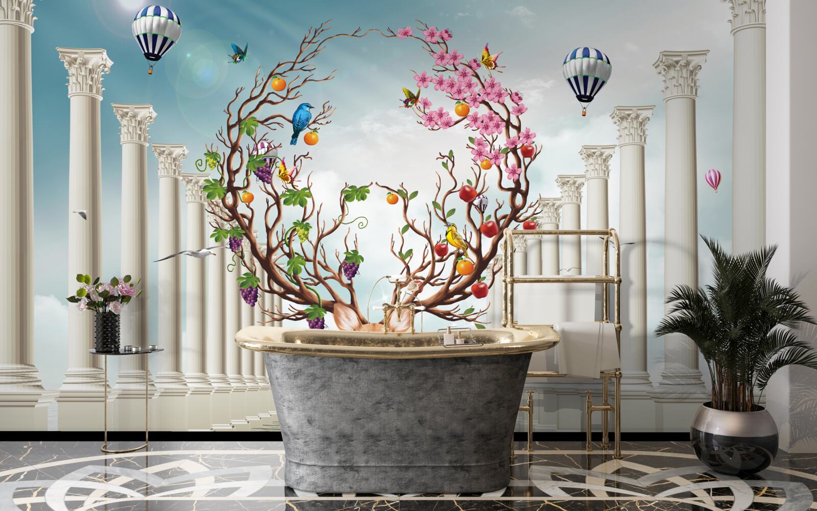 Fototapeta Śnieżnobiała kolumnada i jeleń z niezwykłym, abstrakcyjnym rogiem