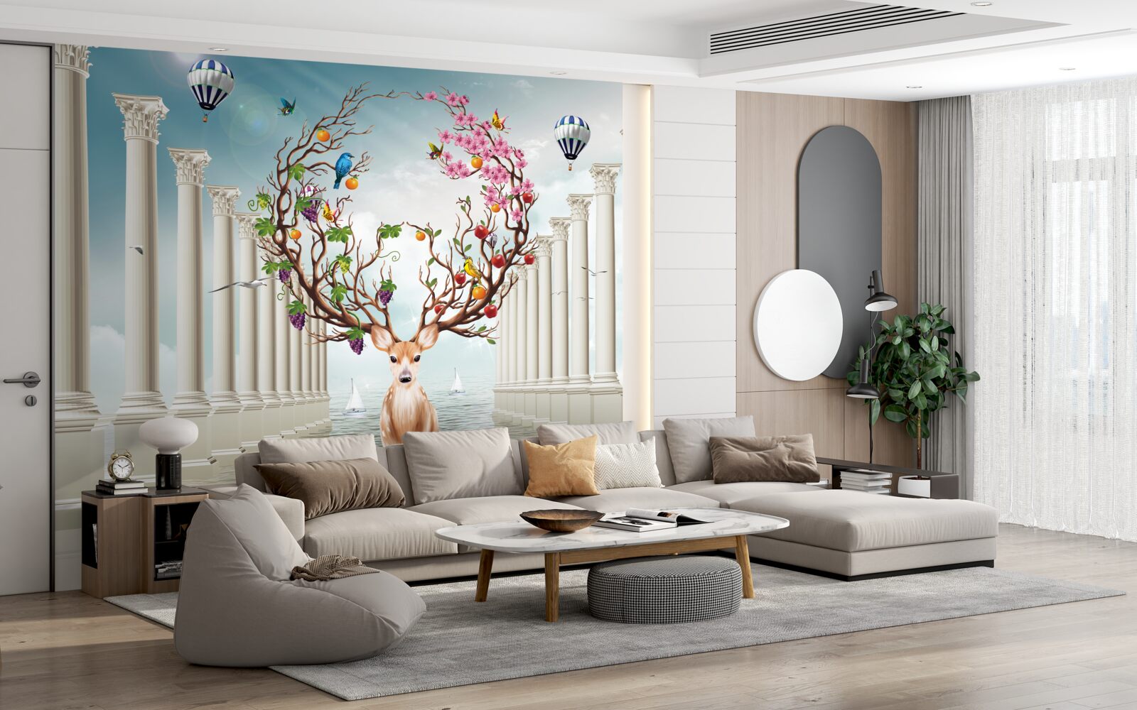 Fototapeta Śnieżnobiała kolumnada i jeleń z niezwykłym, abstrakcyjnym rogiem