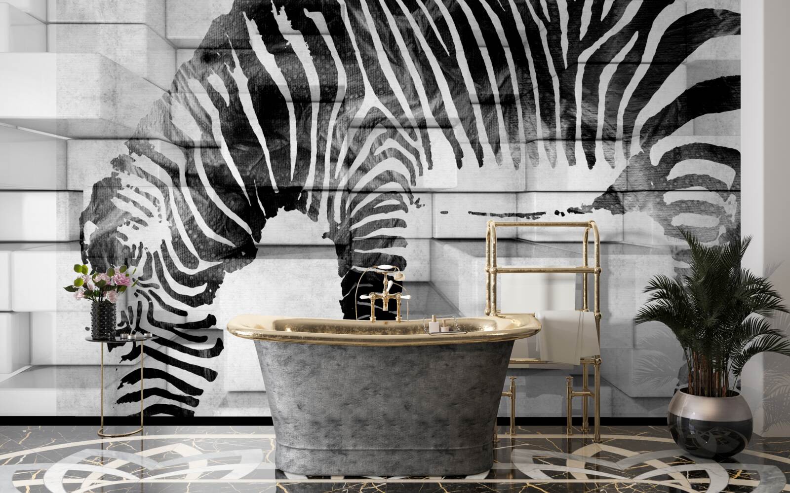 Fototapeta ceglany mur w pobliżu wodopoju z wizerunkiem zebry