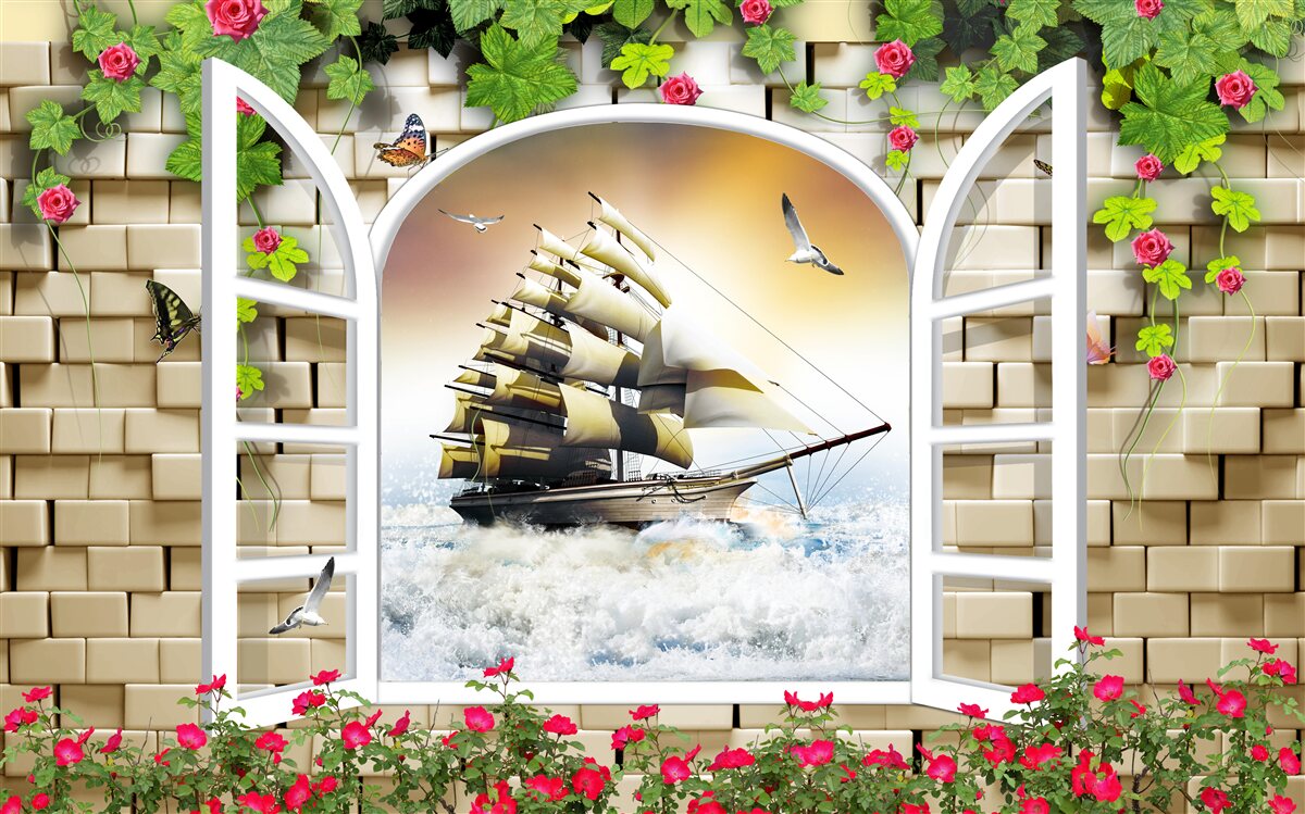 Fototapeta okno z panoramicznym widokiem na żaglówkę