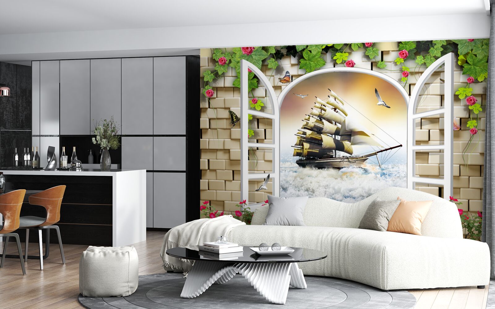 Fototapeta okno z panoramicznym widokiem na żaglówkę