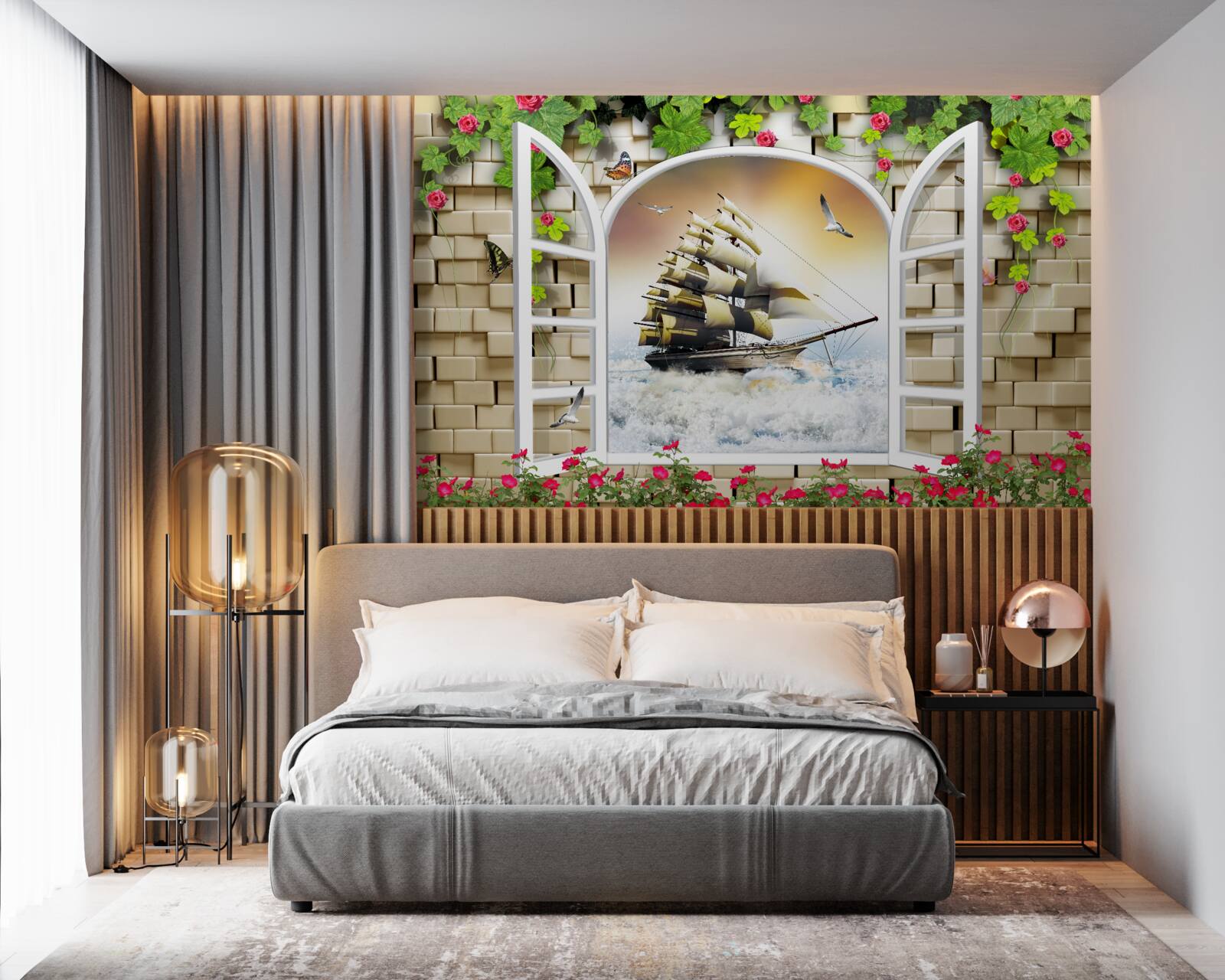 Fototapeta okno z panoramicznym widokiem na żaglówkę