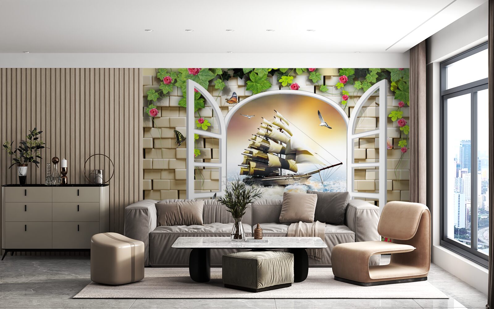 Fototapeta okno z panoramicznym widokiem na żaglówkę