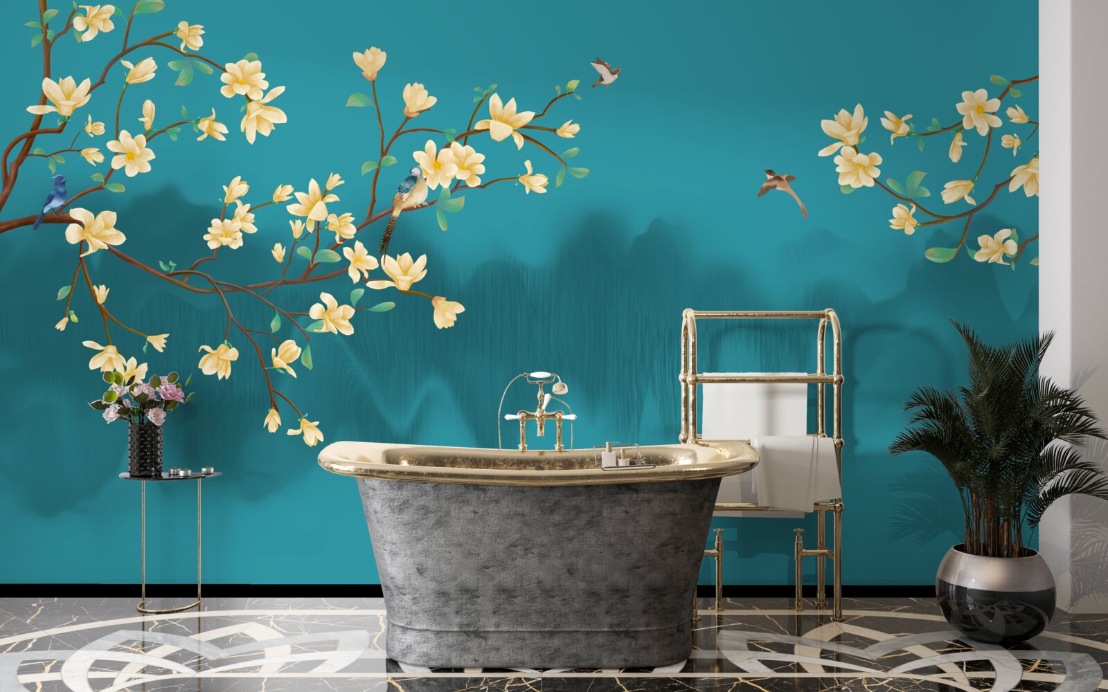 Fototapeta Żółta magnolia w pełnym rozkwicie nad mistyczną mglistą wodą