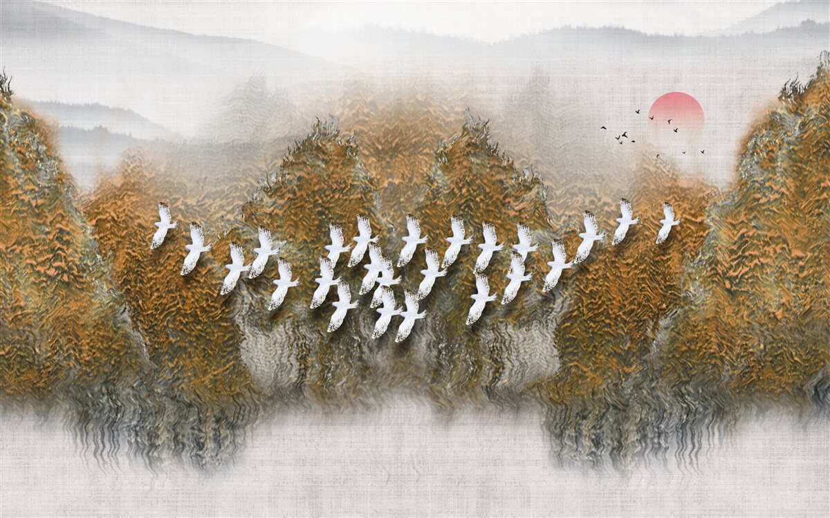 Fototapeta grupa ptaków przecina niebo, szybując nad drzewami i wodą