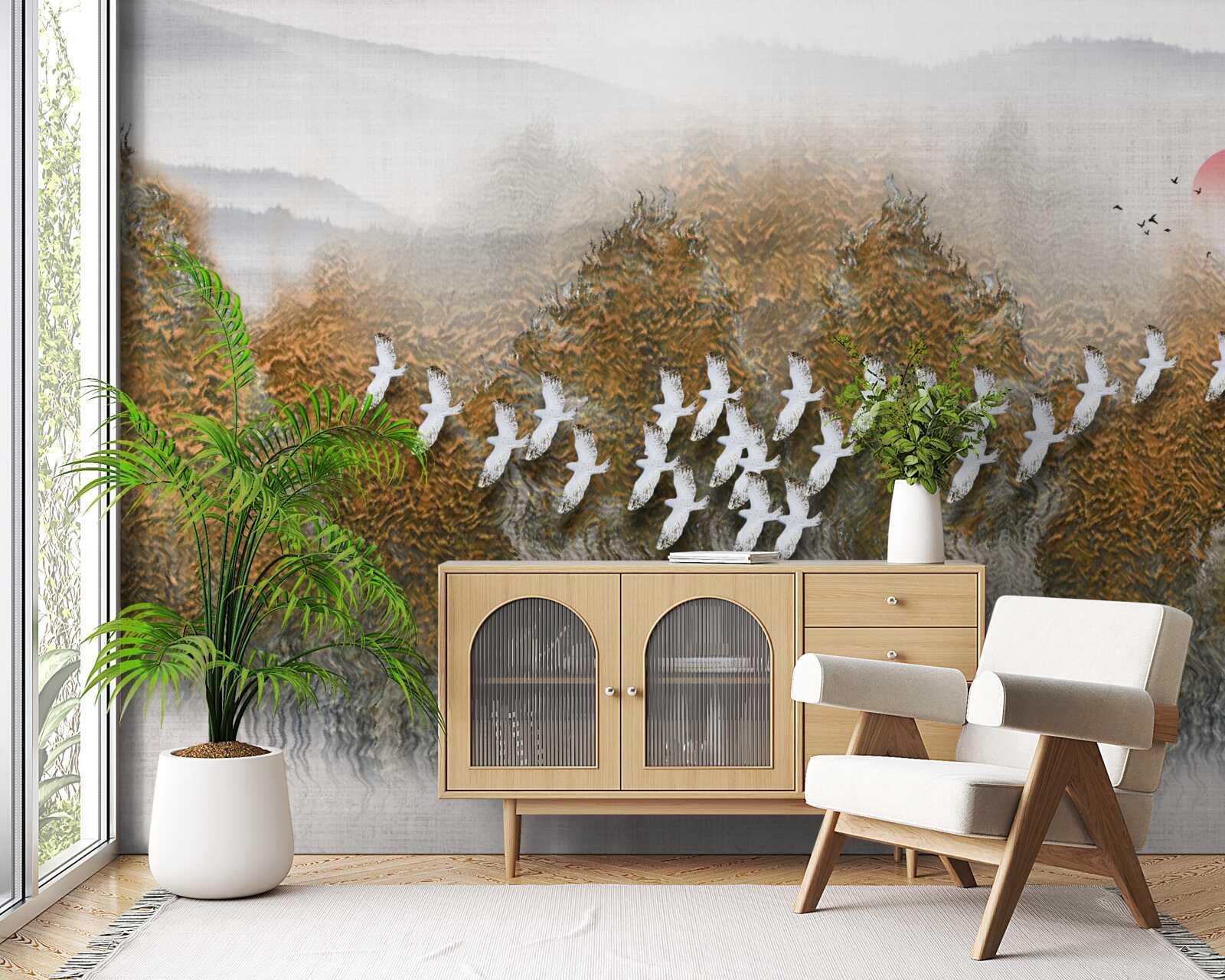 Fototapeta grupa ptaków przecina niebo, szybując nad drzewami i wodą