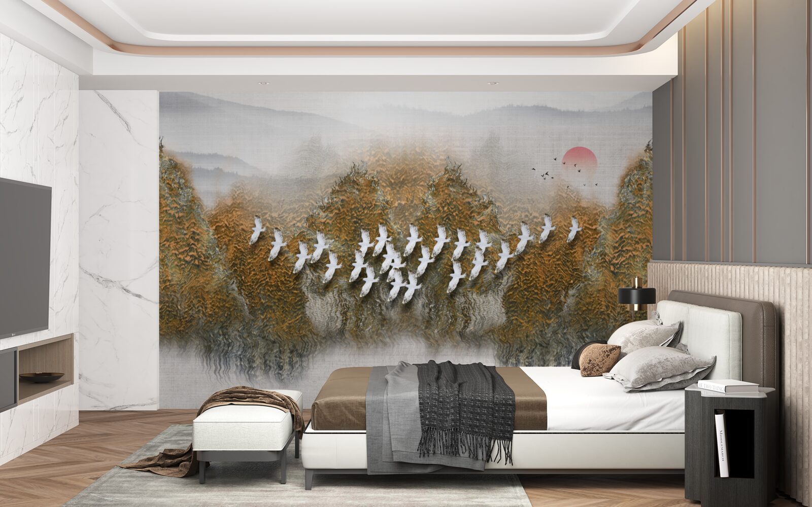 Fototapeta grupa ptaków przecina niebo, szybując nad drzewami i wodą