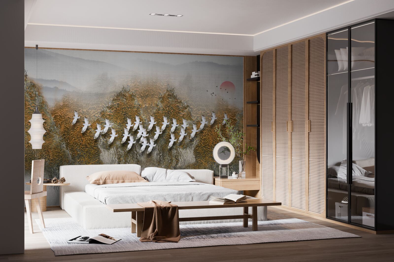 Fototapeta grupa ptaków przecina niebo, szybując nad drzewami i wodą