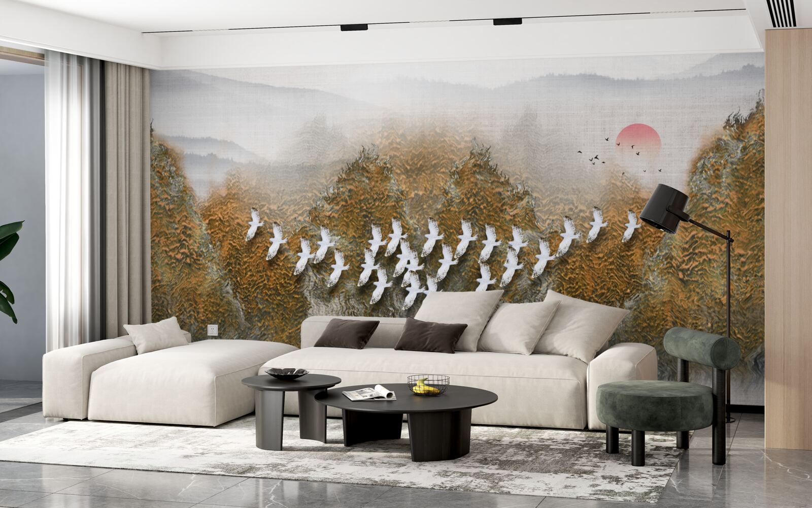 Fototapeta grupa ptaków przecina niebo, szybując nad drzewami i wodą