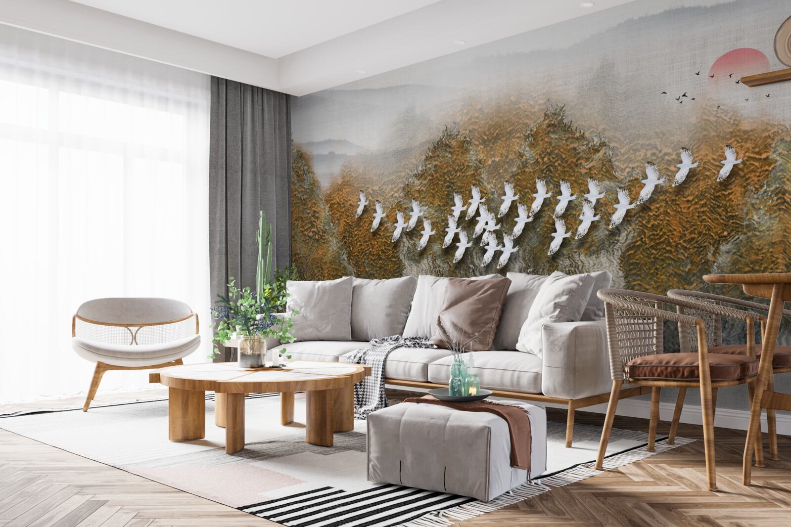 Fototapeta grupa ptaków przecina niebo, szybując nad drzewami i wodą