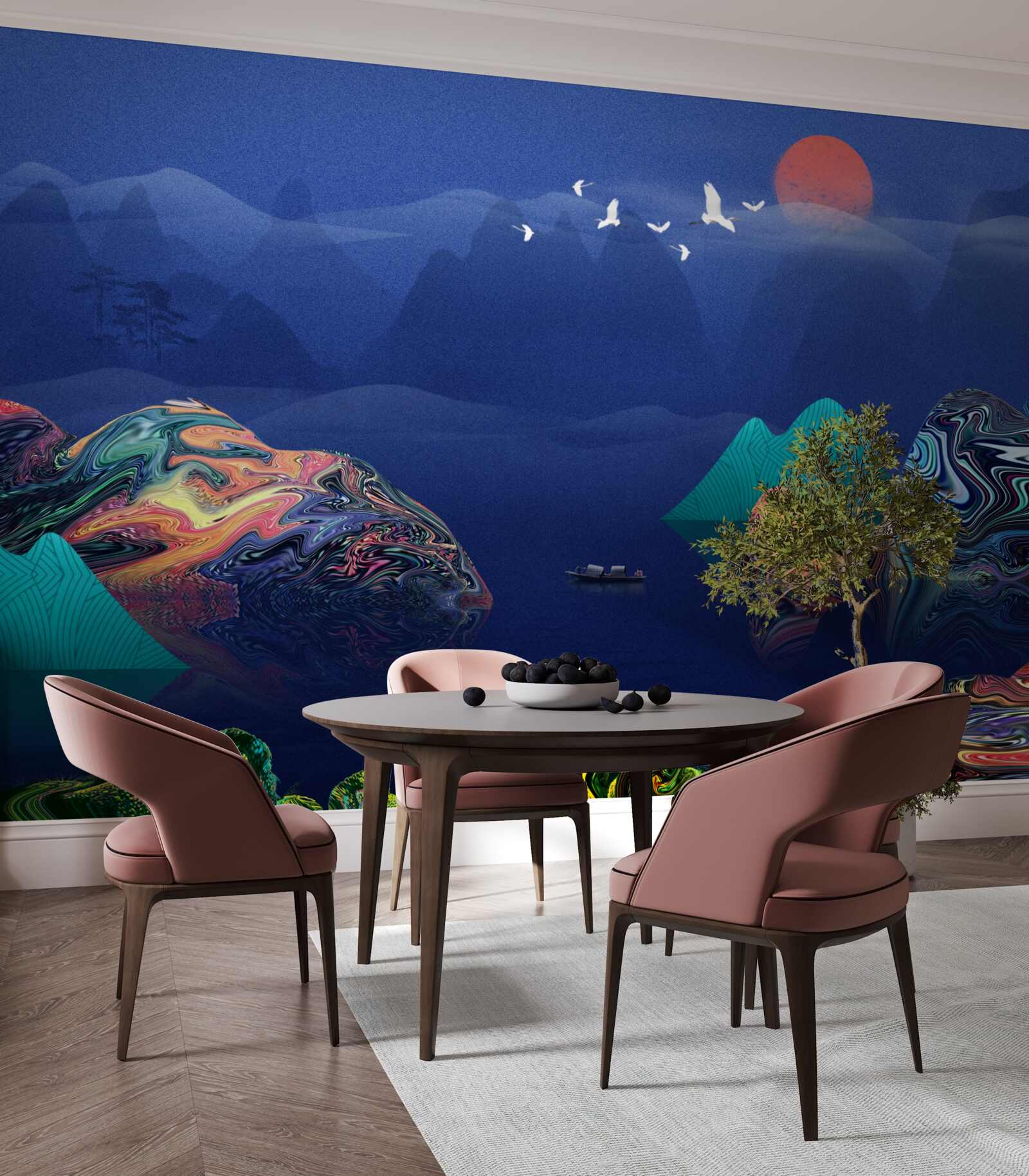 Fototapeta Żurawie latające o zachodzie słońca nad górską rzeką