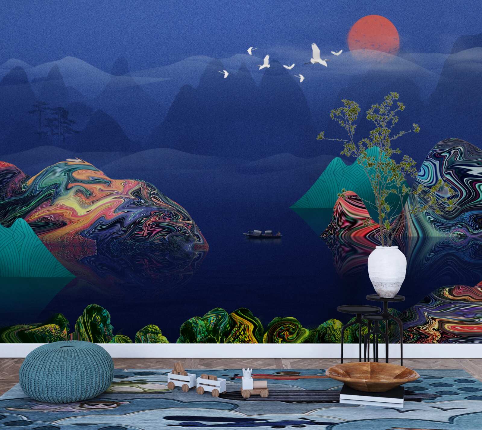 Fototapeta Żurawie latające o zachodzie słońca nad górską rzeką