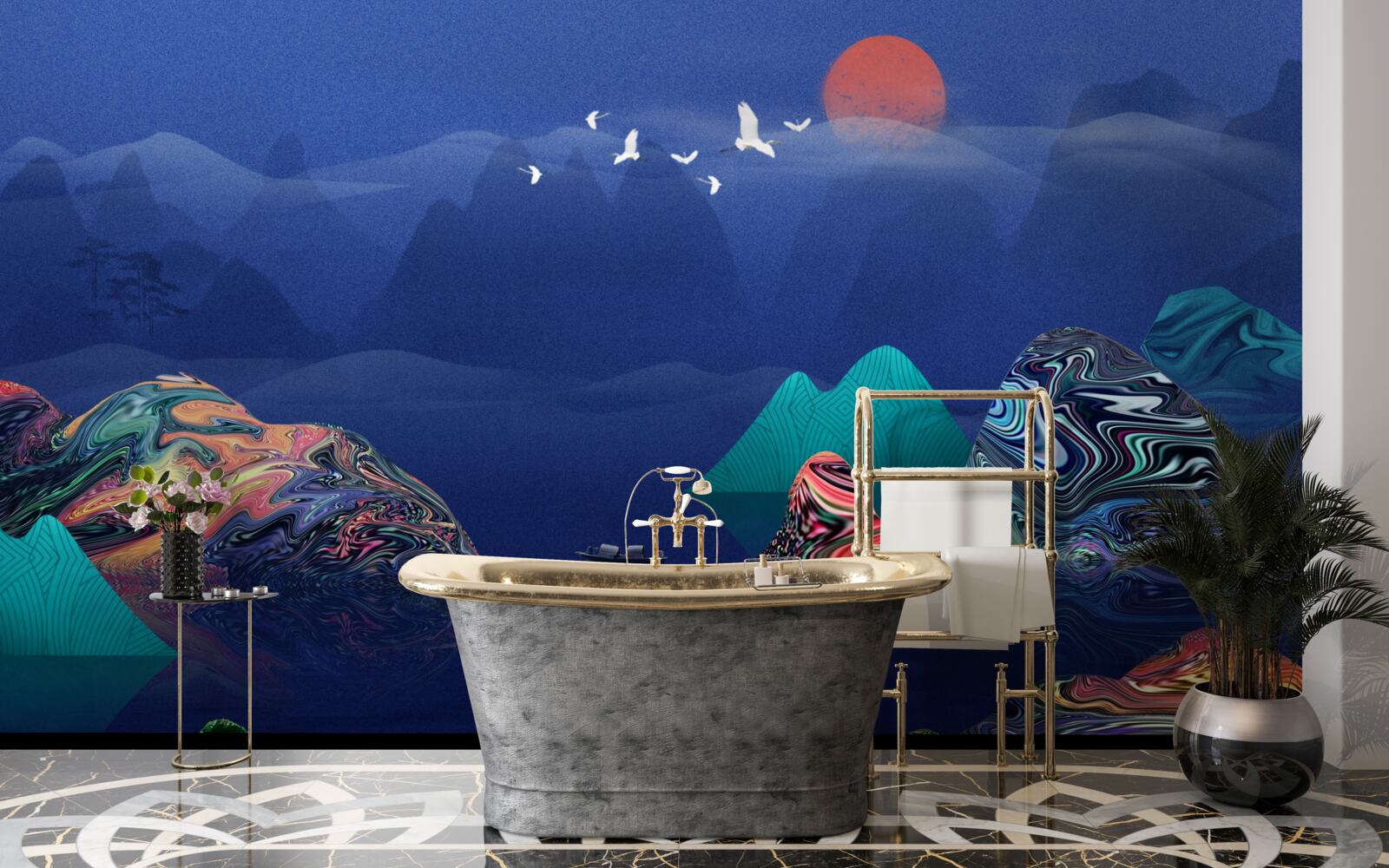 Fototapeta Żurawie latające o zachodzie słońca nad górską rzeką