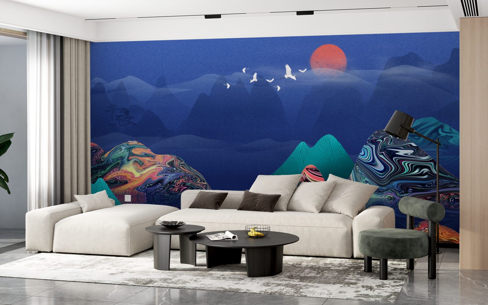 Fototapeta Żurawie latające o zachodzie słońca nad górską rzeką