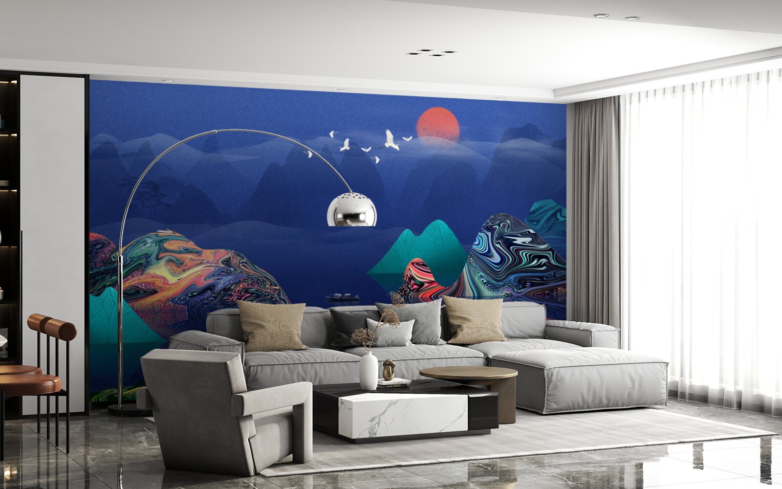 Fototapeta Żurawie latające o zachodzie słońca nad górską rzeką