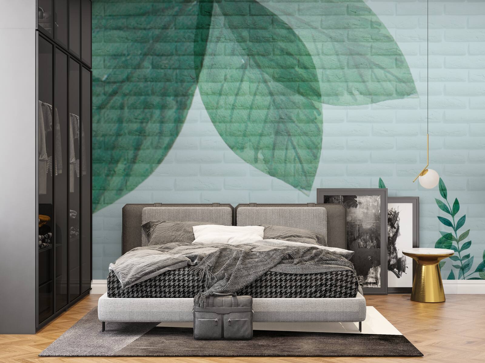 Fototapeta akwarela zielone liście na ścianie z cegły