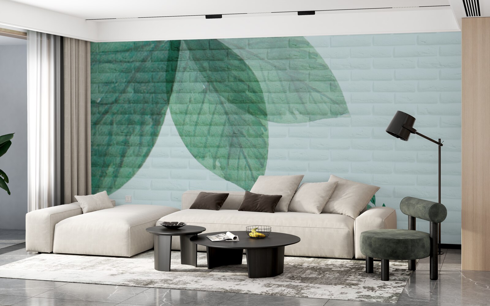 Fototapeta akwarela zielone liście na ścianie z cegły