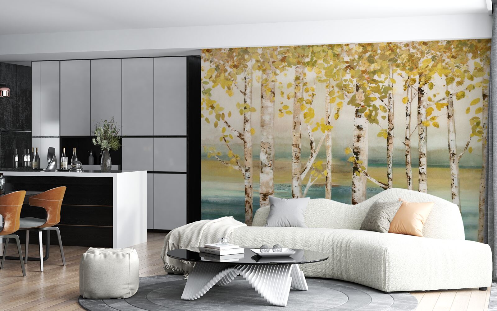 Fototapeta staw po lesie brzozowym jesienią