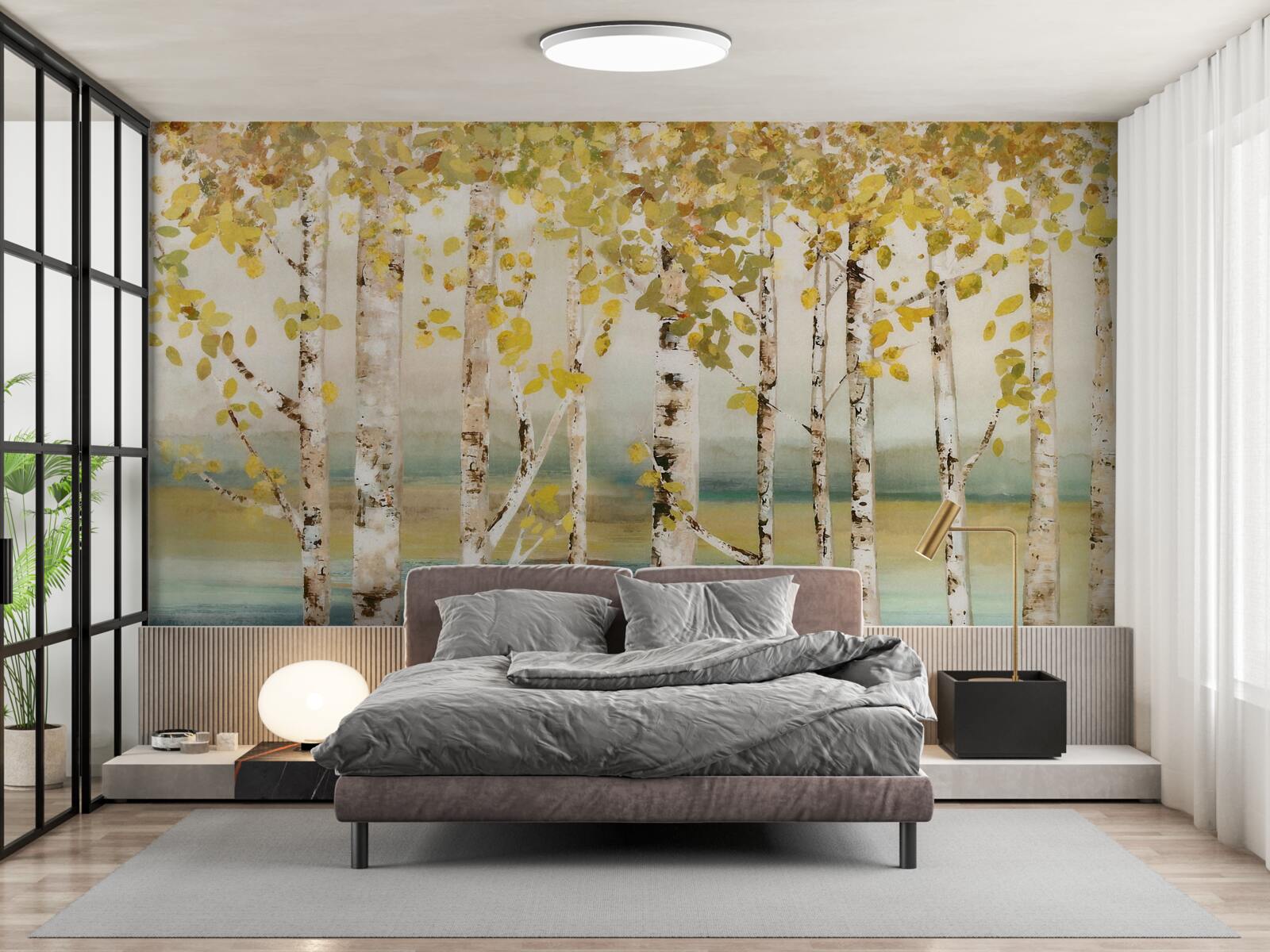 Fototapeta staw po lesie brzozowym jesienią