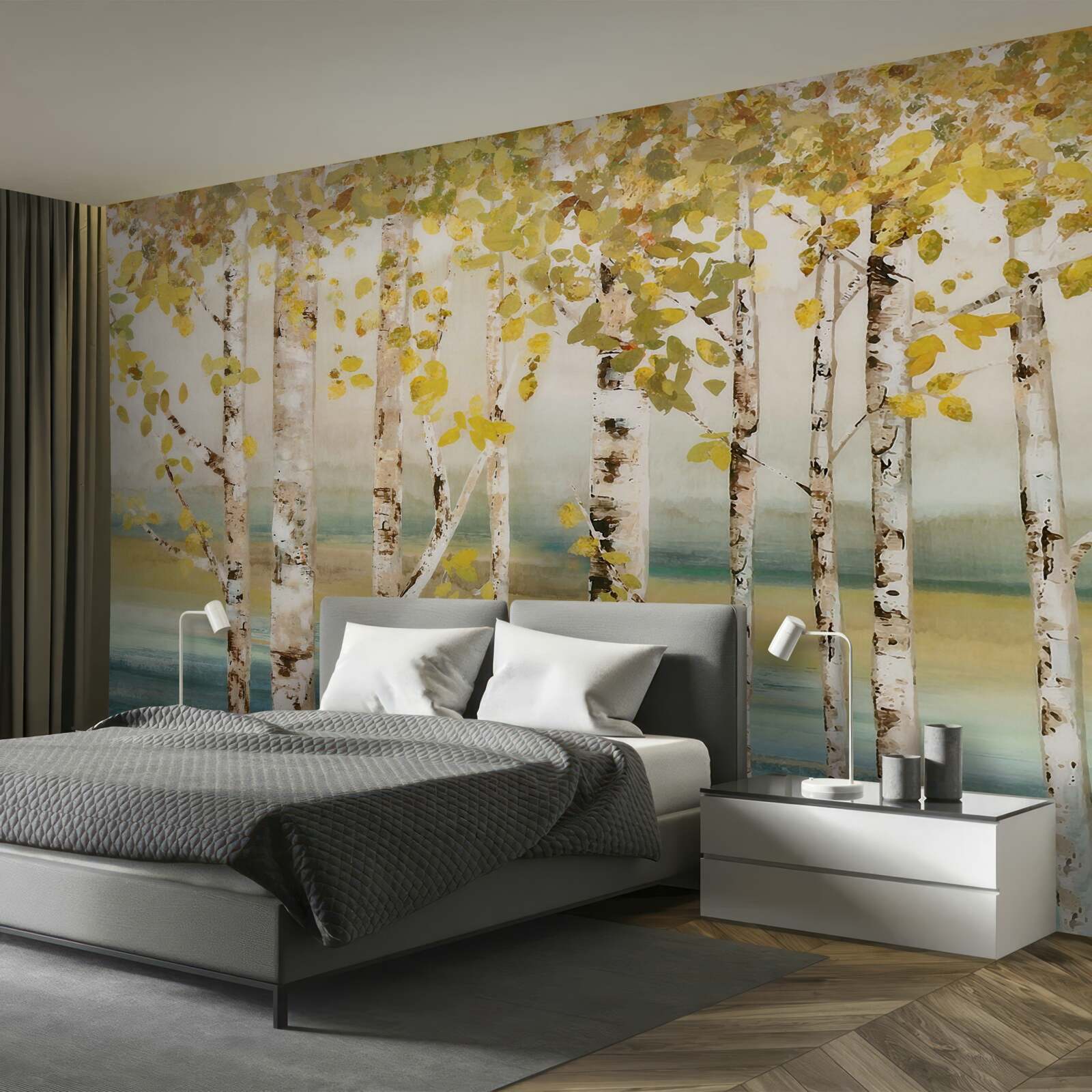 Fototapeta staw po lesie brzozowym jesienią