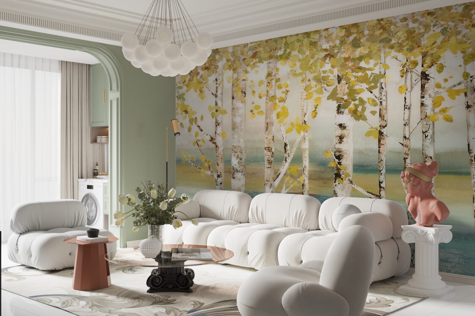 Fototapeta staw po lesie brzozowym jesienią