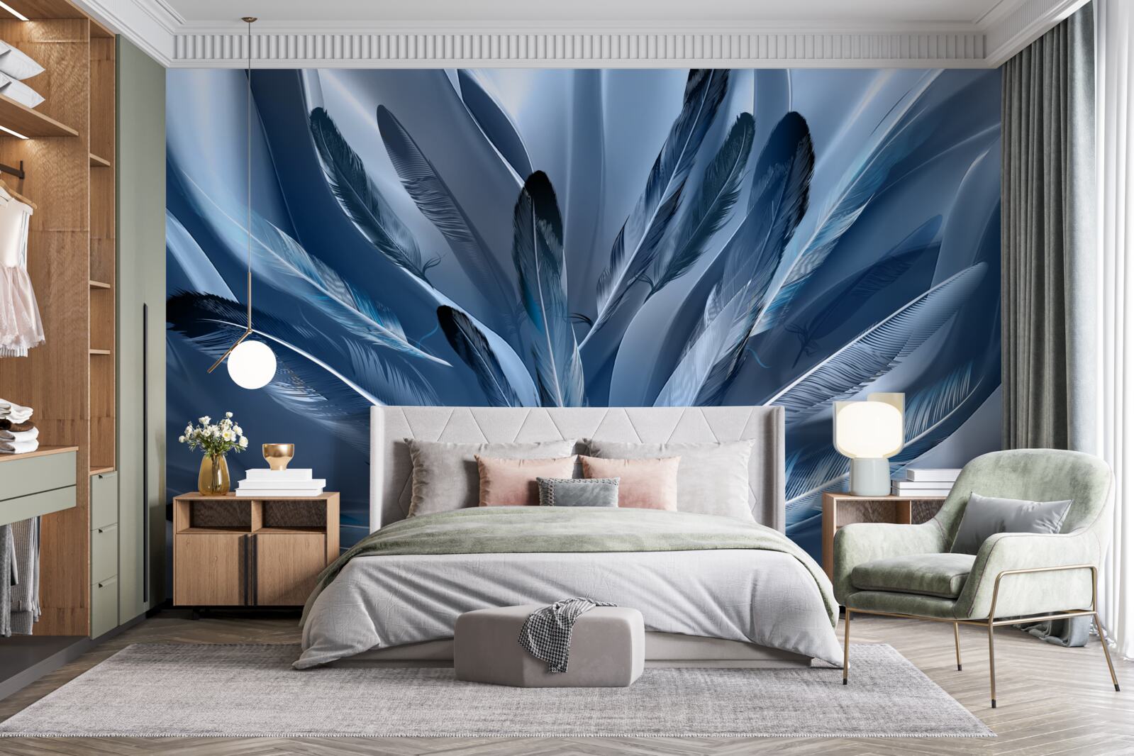 Fototapeta tło usiane niebieskimi piórami