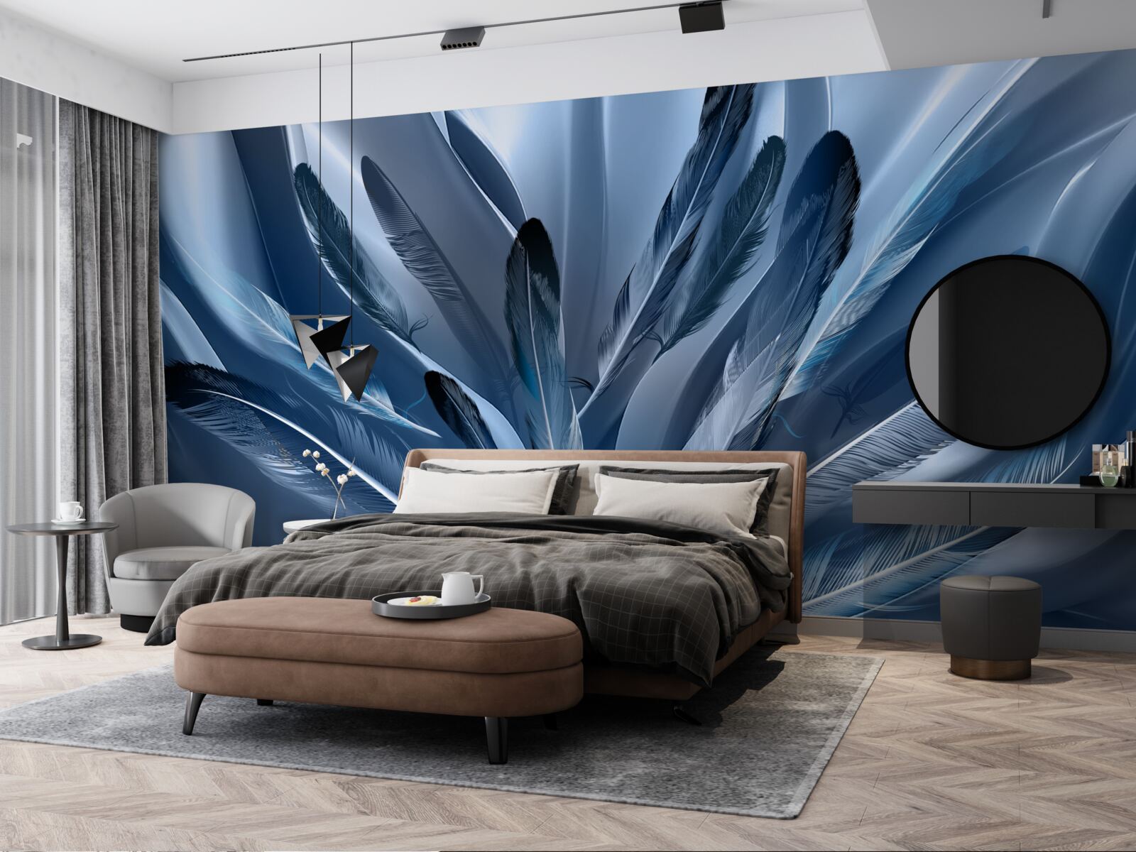 Fototapeta tło usiane niebieskimi piórami