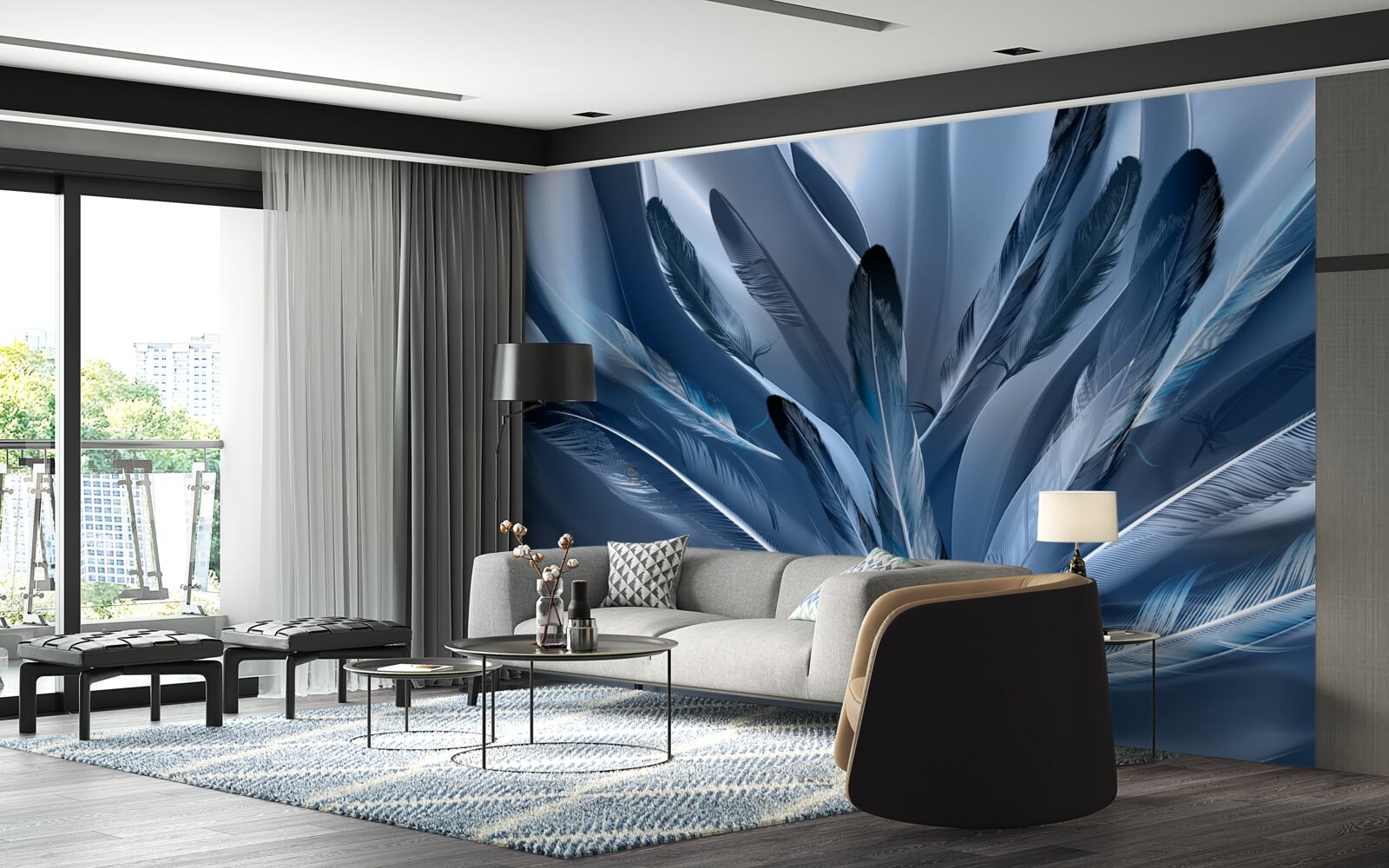 Fototapeta tło usiane niebieskimi piórami