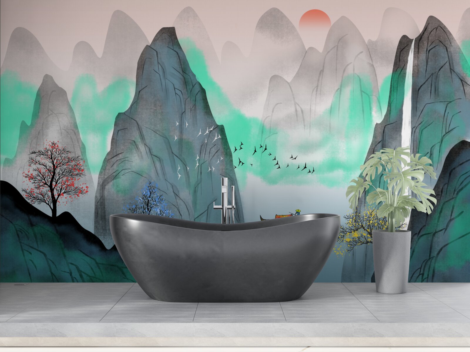 Fototapeta zachód słońca w abstrakcyjnych górach