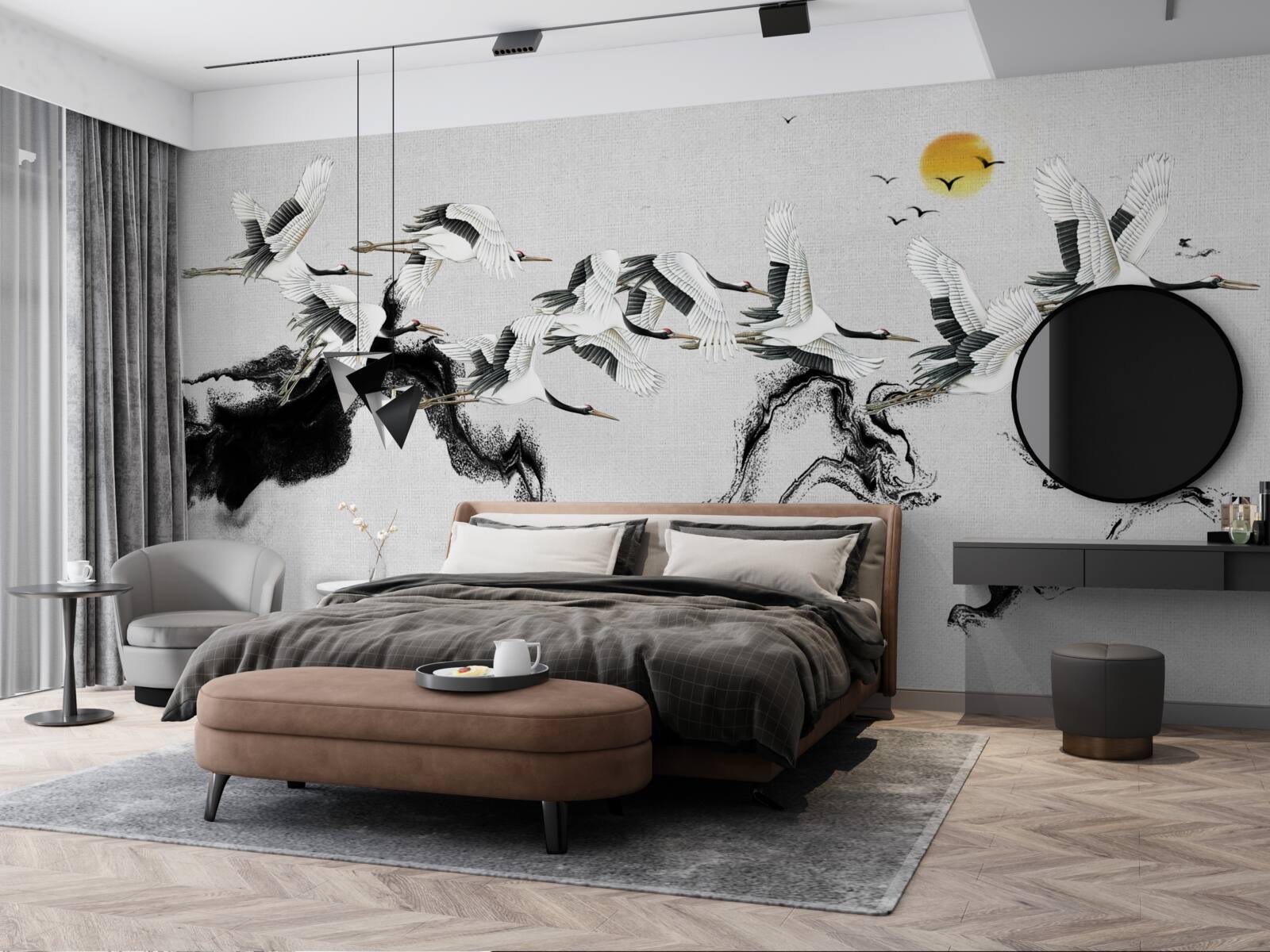 Fototapeta grupa żurawi z japonii szybuje w stronę zachodu słońca