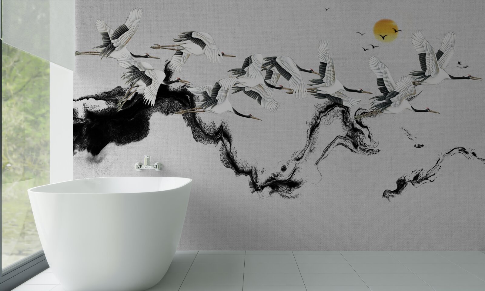 Fototapeta grupa żurawi z japonii szybuje w stronę zachodu słońca