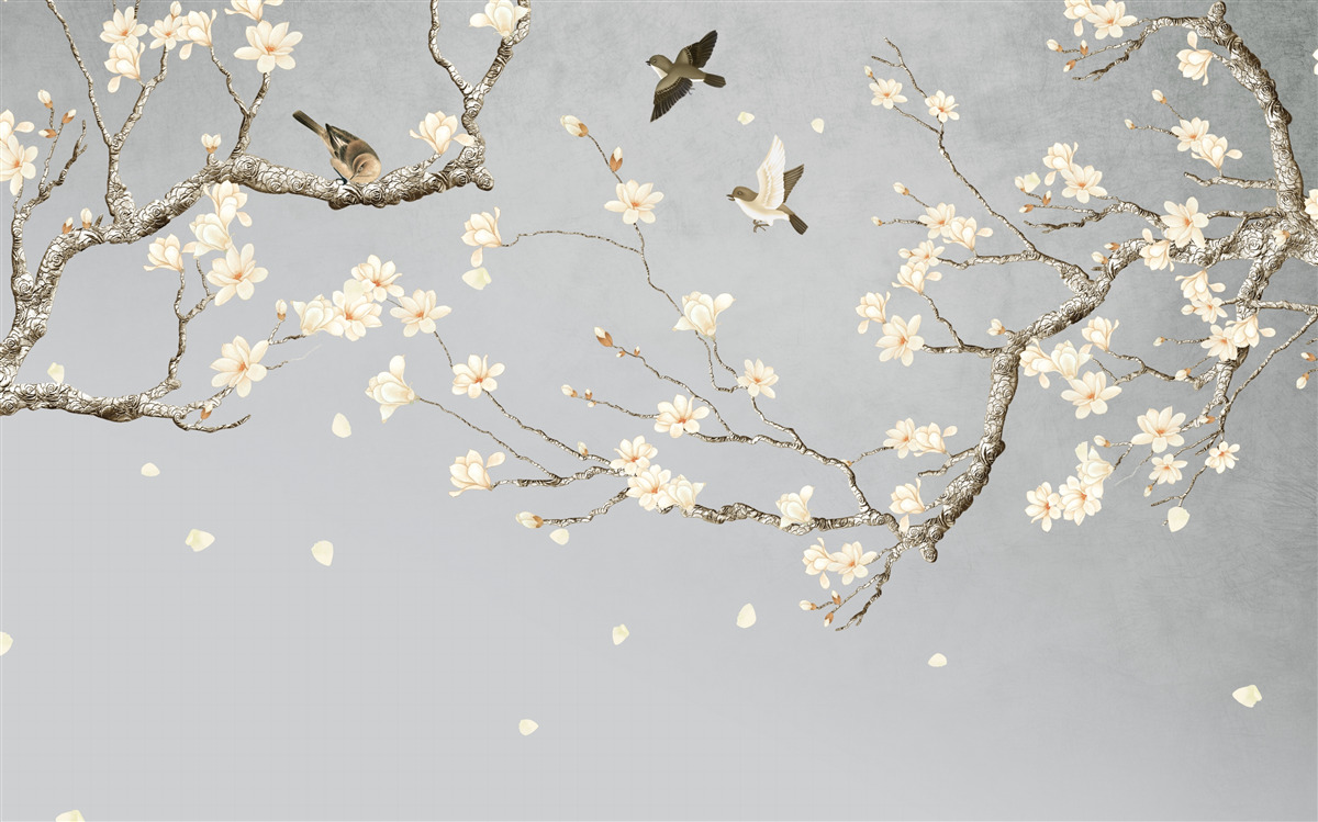 Fototapeta ptaki krążą wokół kwitnącego drzewa