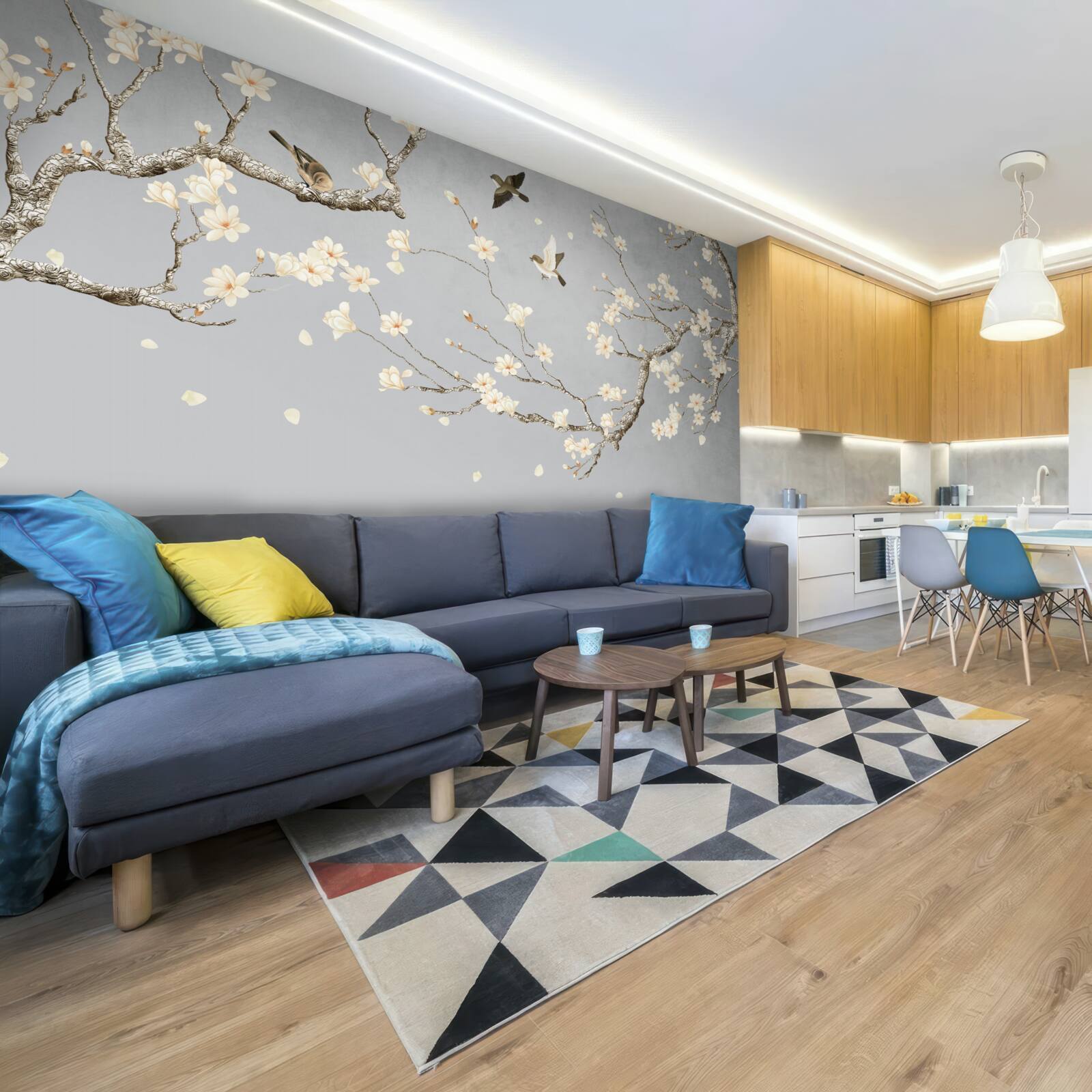 Fototapeta ptaki krążą wokół kwitnącego drzewa