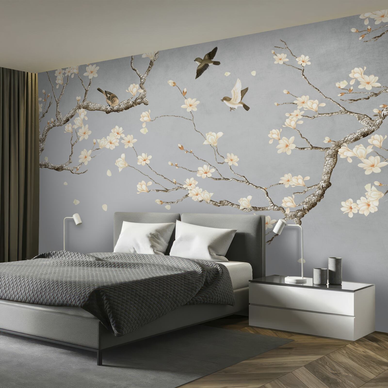 Fototapeta ptaki krążą wokół kwitnącego drzewa