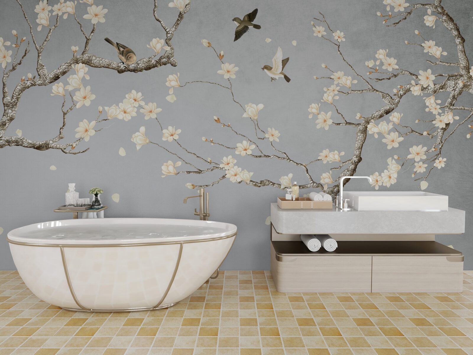 Fototapeta ptaki krążą wokół kwitnącego drzewa