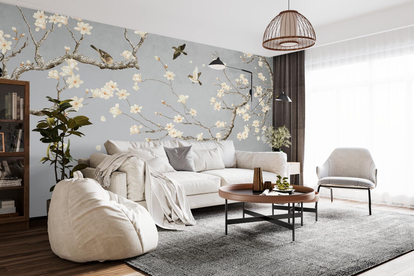 Fototapeta ptaki krążą wokół kwitnącego drzewa