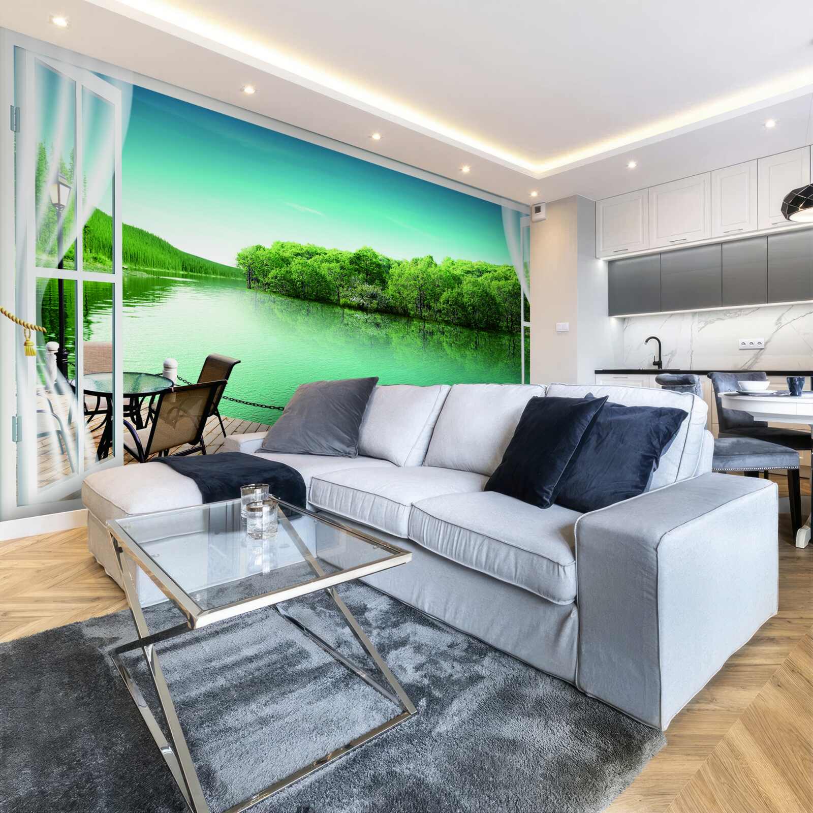 Fototapeta patio w pobliżu zielonkawego stawu