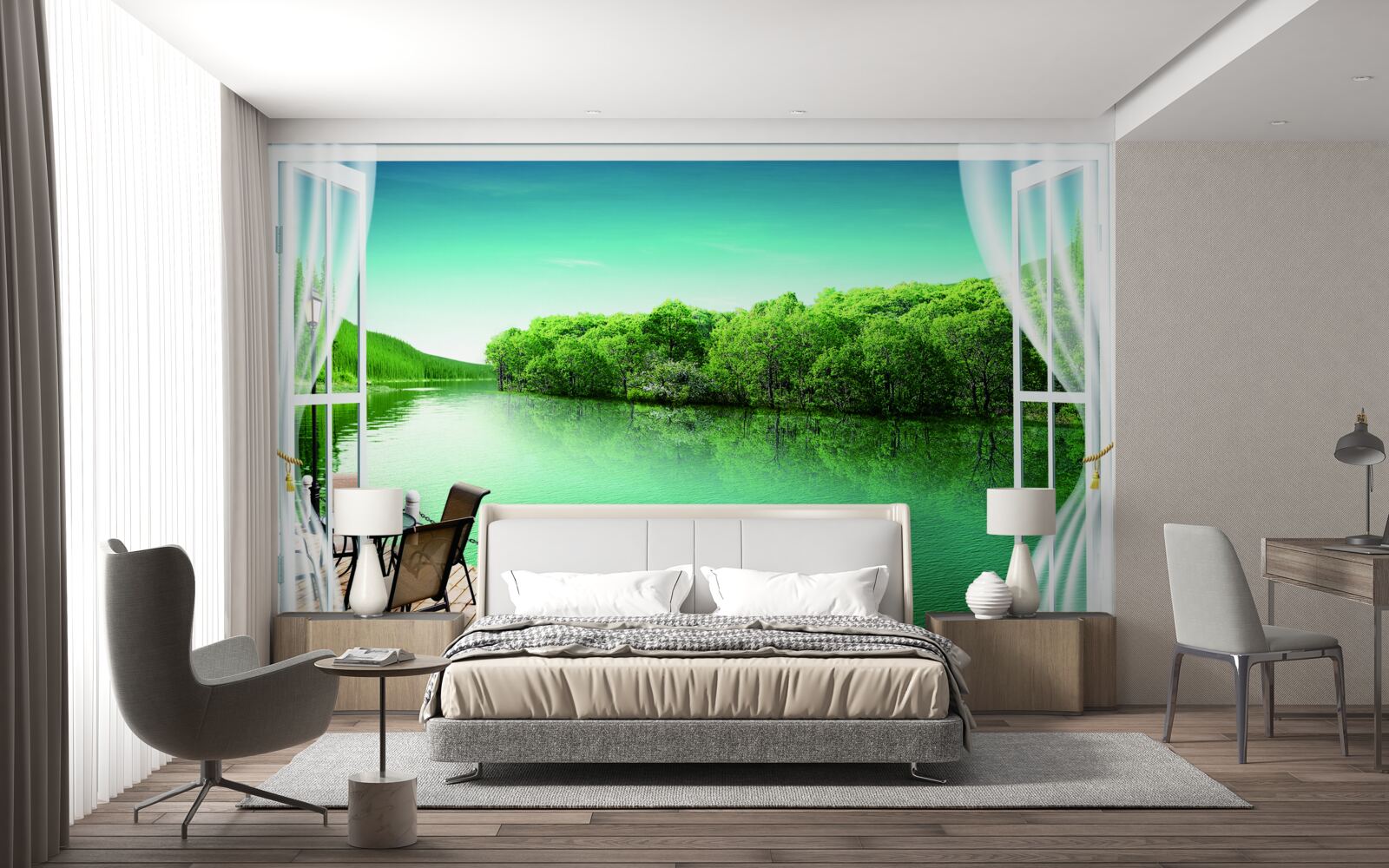 Fototapeta patio w pobliżu zielonkawego stawu