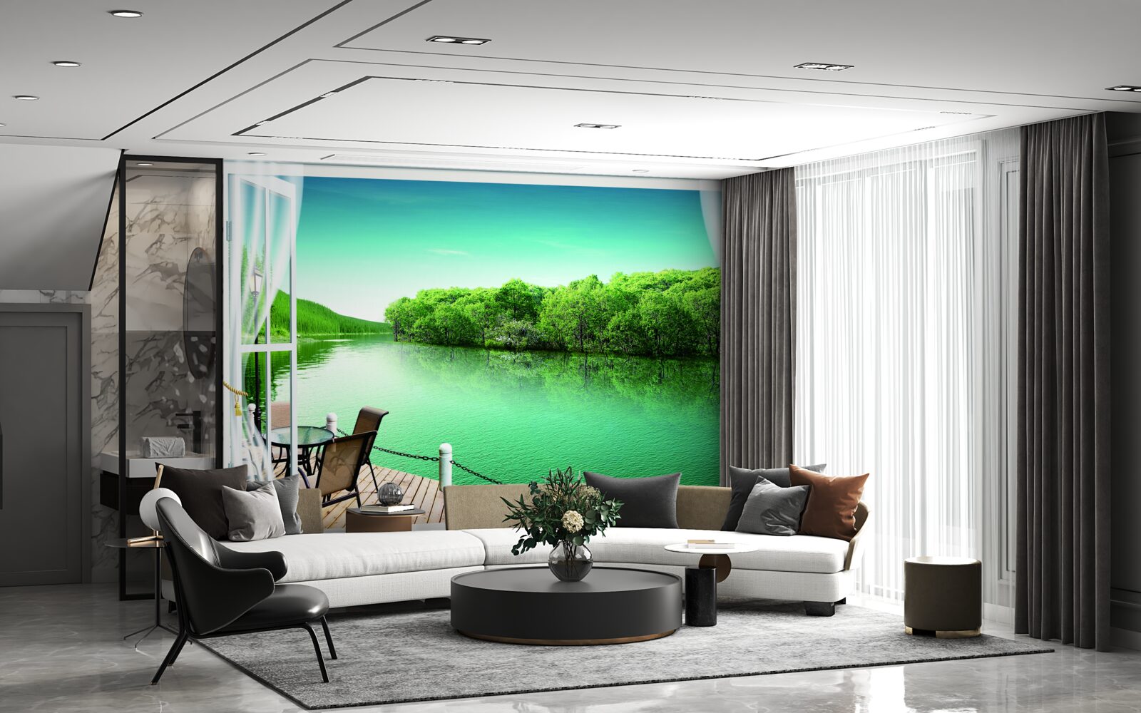 Fototapeta patio w pobliżu zielonkawego stawu