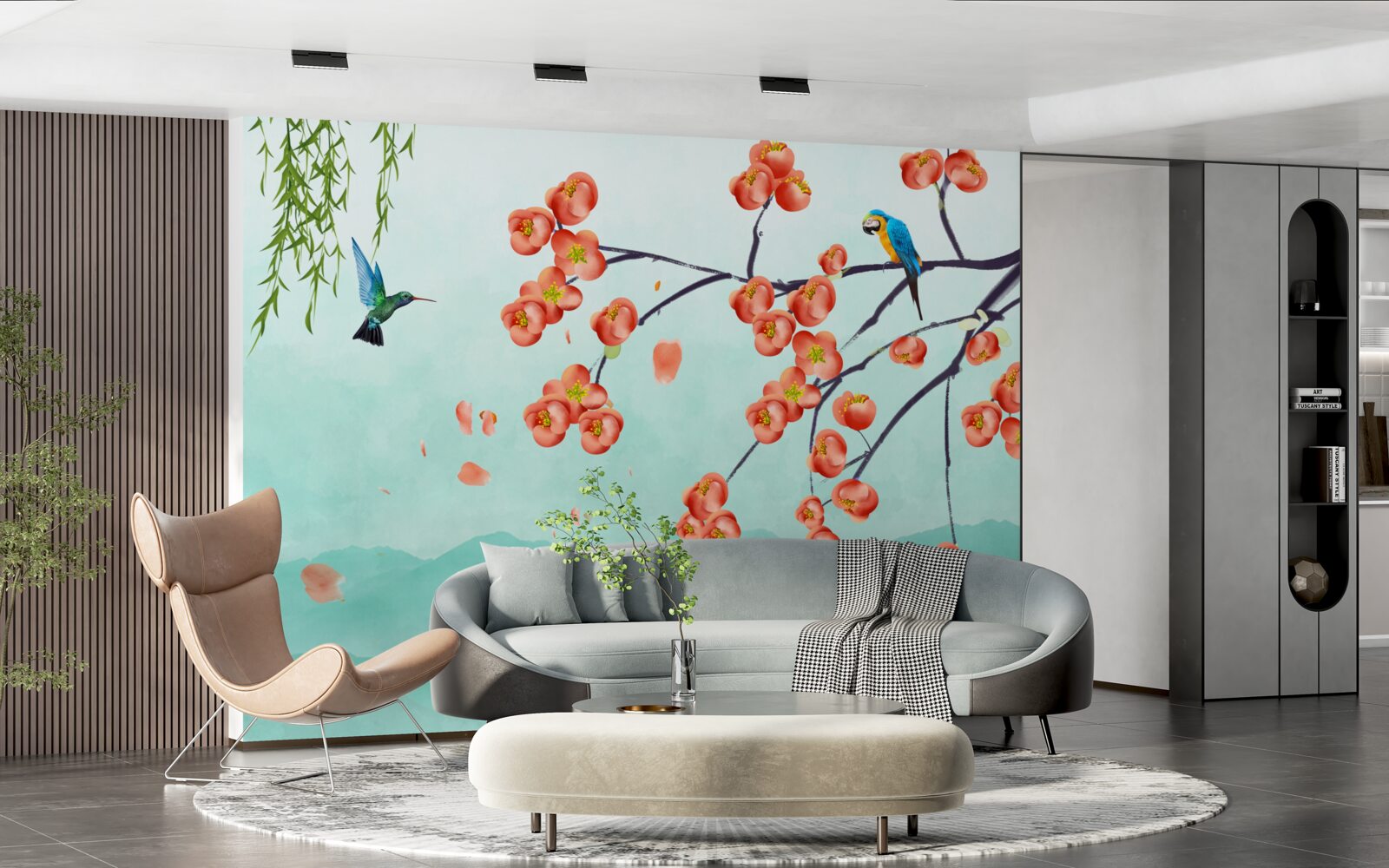 Fototapeta góry otaczają piękno japońskich kwiatów wiśni