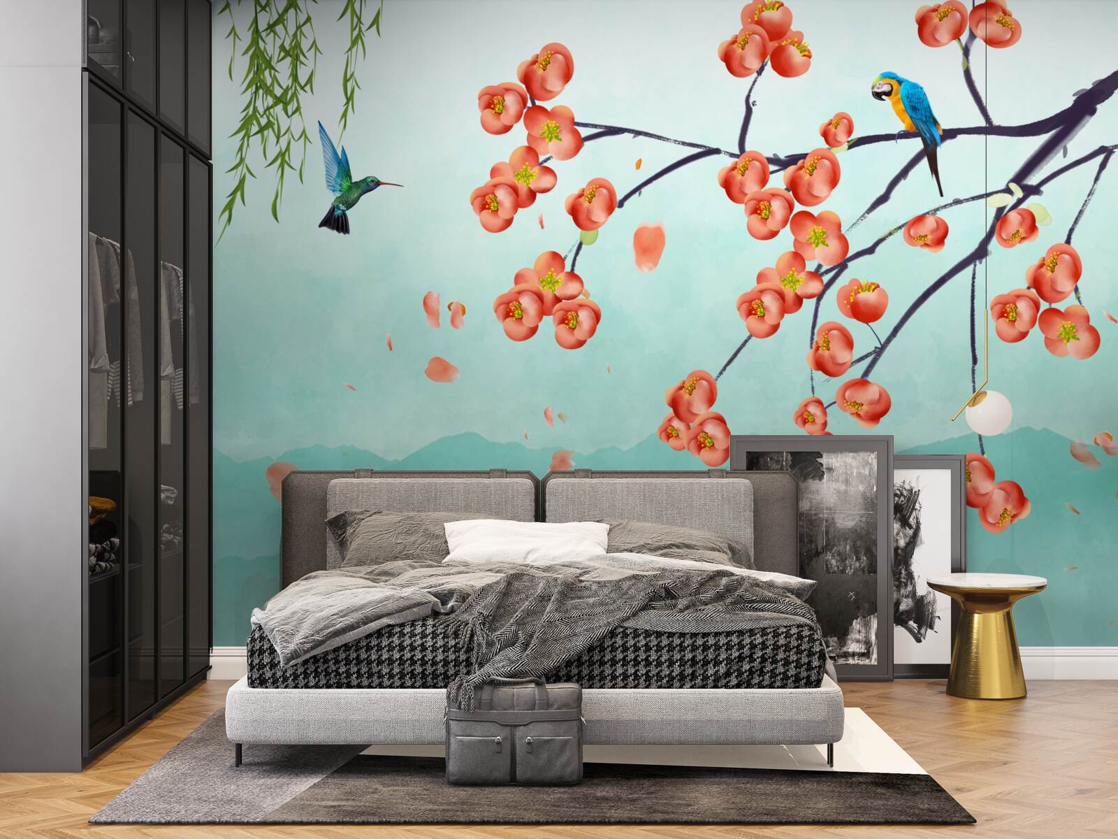 Fototapeta góry otaczają piękno japońskich kwiatów wiśni