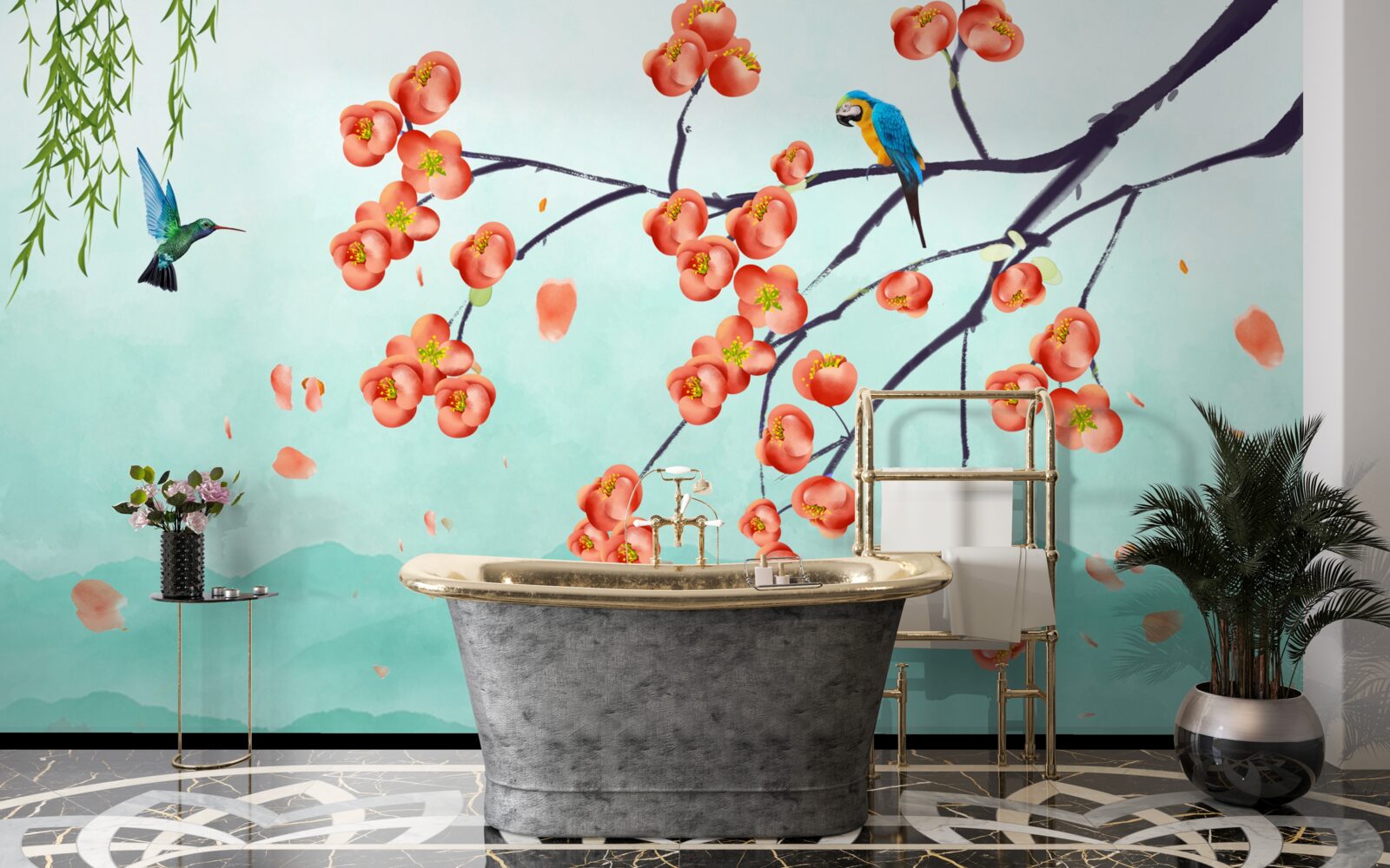 Fototapeta góry otaczają piękno japońskich kwiatów wiśni