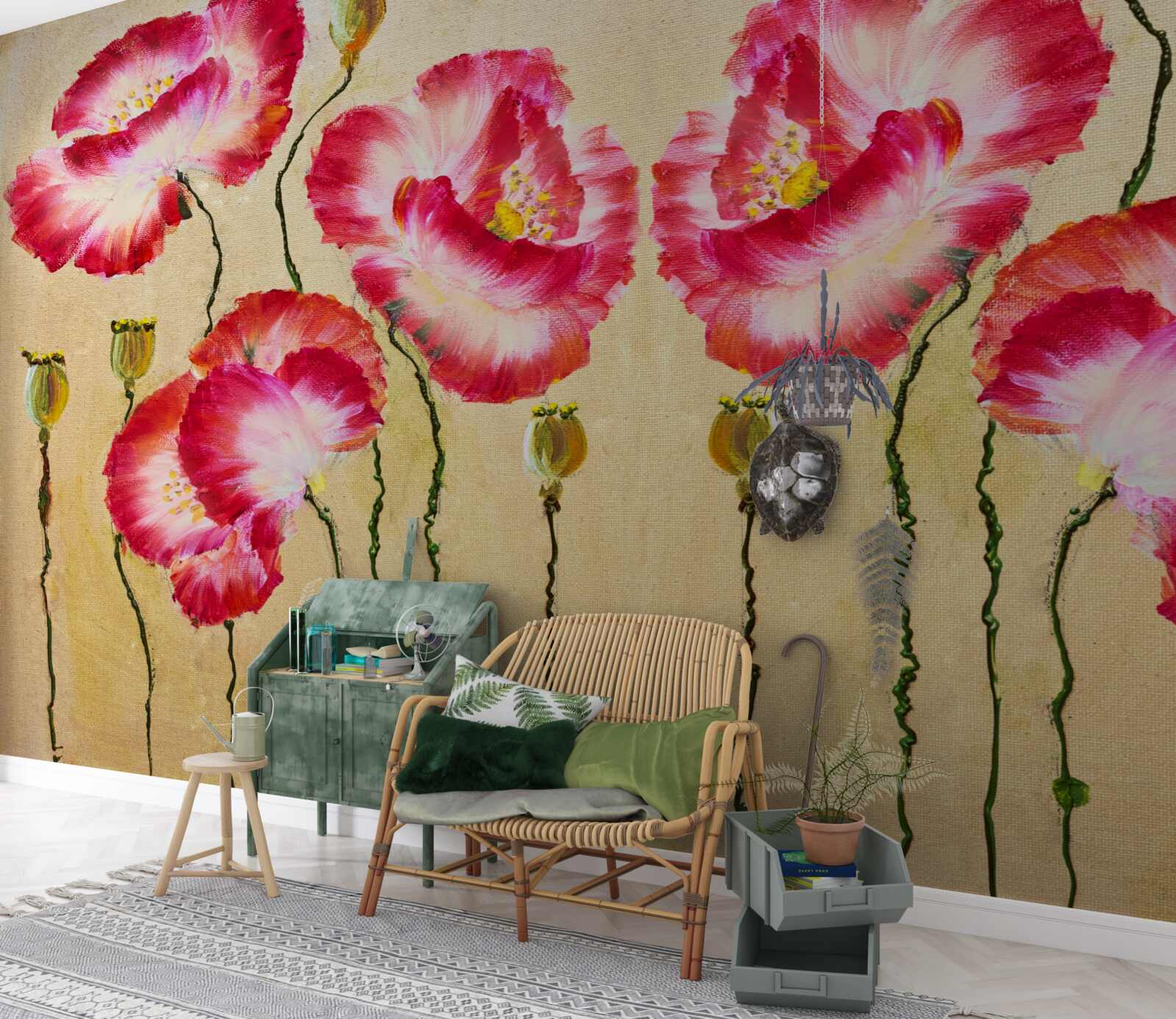 Fototapeta pąki i kwiaty maków w odcieniach czerwieni i bieli