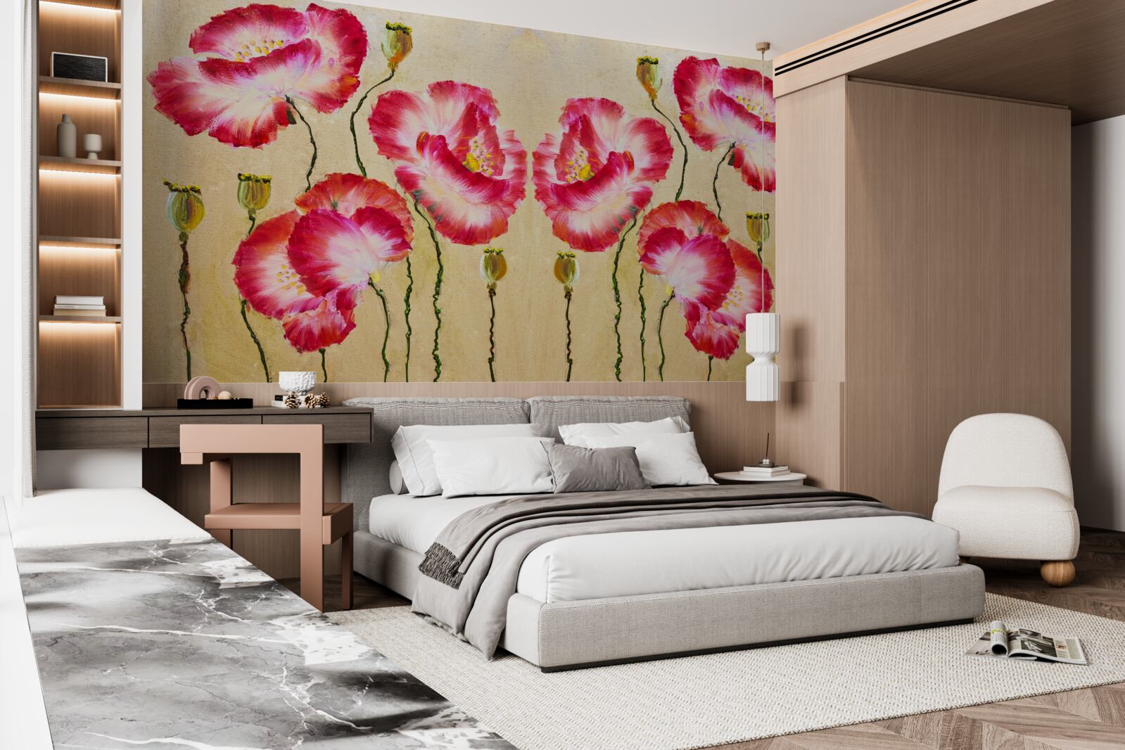 Fototapeta pąki i kwiaty maków w odcieniach czerwieni i bieli