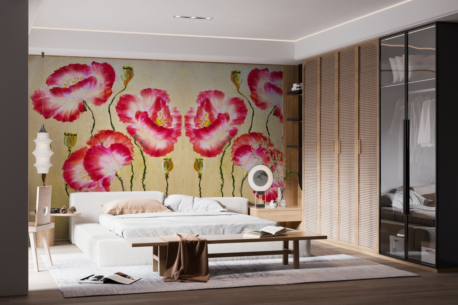 Fototapeta pąki i kwiaty maków w odcieniach czerwieni i bieli