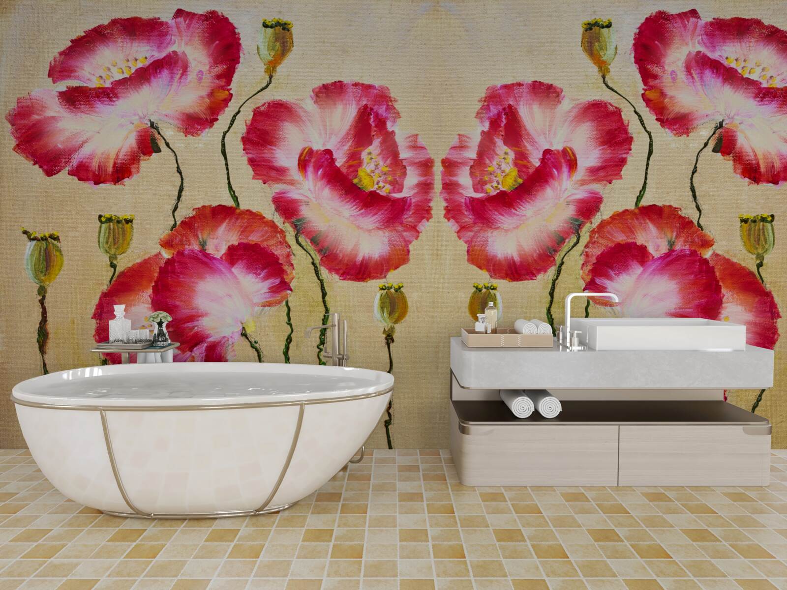 Fototapeta pąki i kwiaty maków w odcieniach czerwieni i bieli