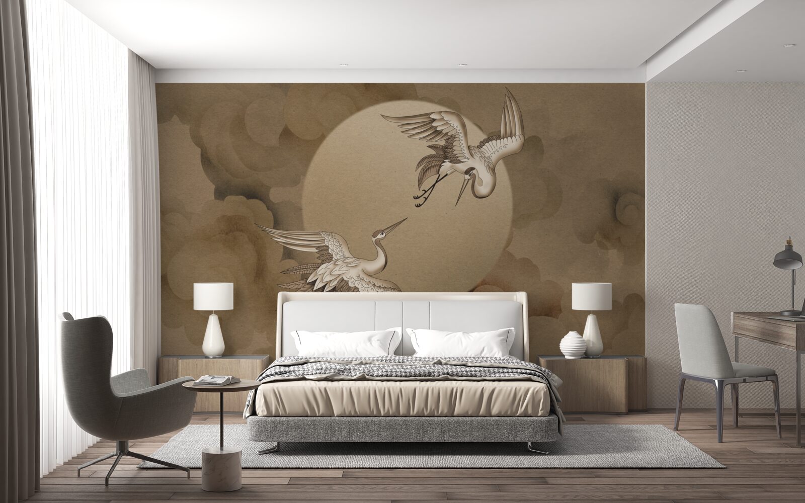 Fototapeta taniec żurawia pod chmurami