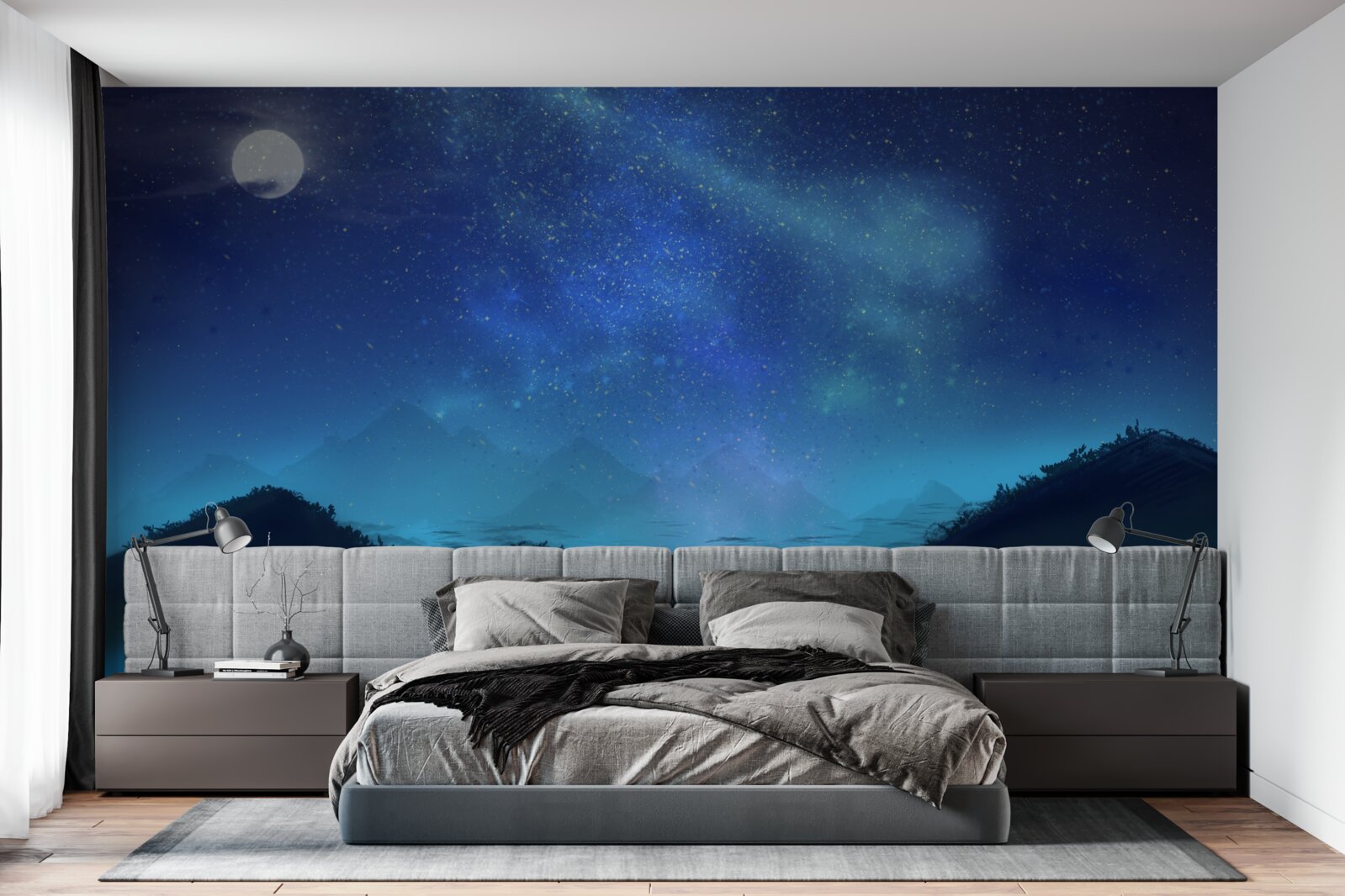 Fototapeta północny blask i gwiaździste niebo nad szczytami górskimi